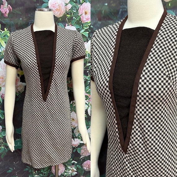 60s Brown Houndstooth Wool Shift Dress - image 1