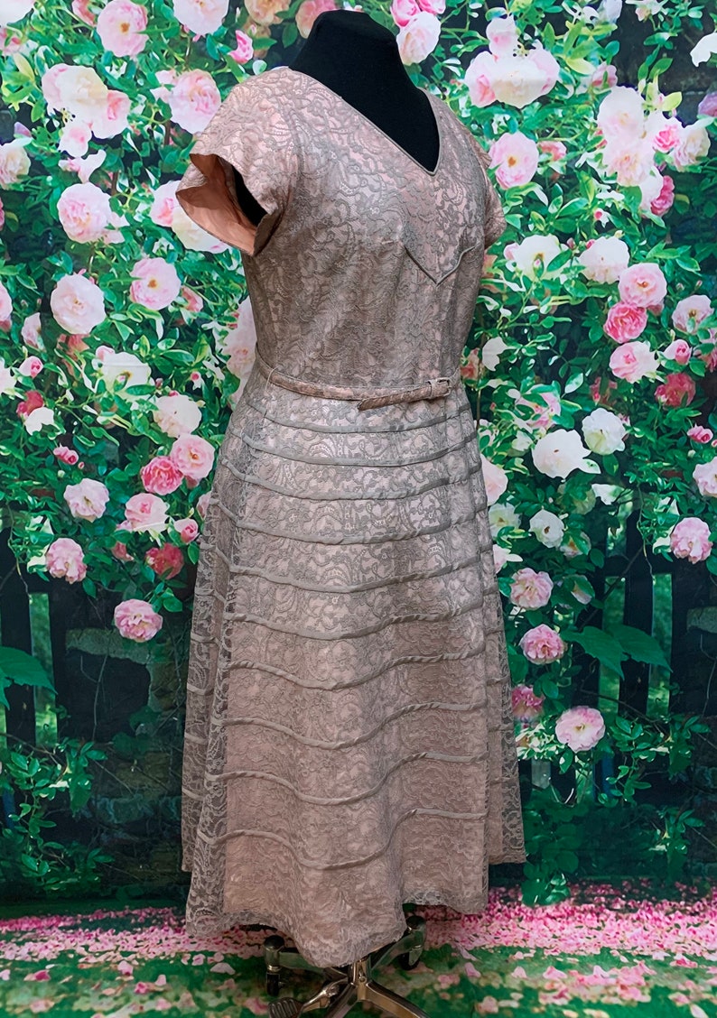 50s Gray Lace Pink Taffeta Dress Plus Size Volup