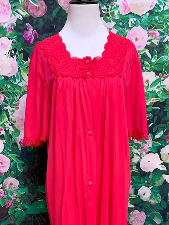 70s Lorraine Pink Nylon Robe Lace Medium - image 3