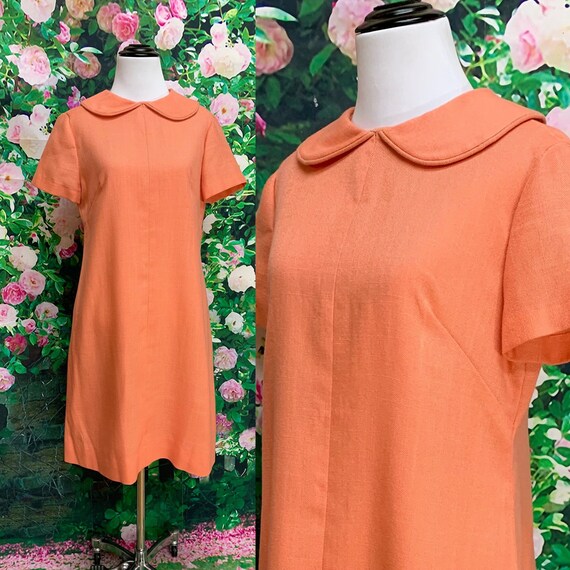 60s Mod Peach Weave Shift Dress Peter Pan Collar L