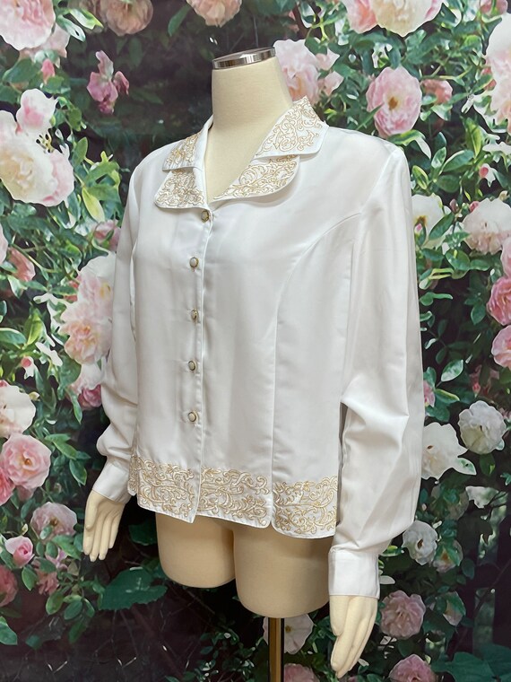 80s Perlita White Poly Shirt Gold Embroidery XL - image 5