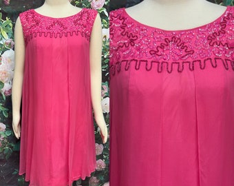 60s Hot Pink Chiffon Cocktail Dress Sequins Beads