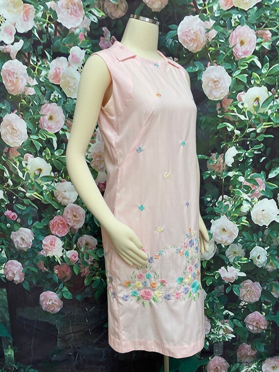 60s Pink Embroidered Pastel Flowers Dress - image 7