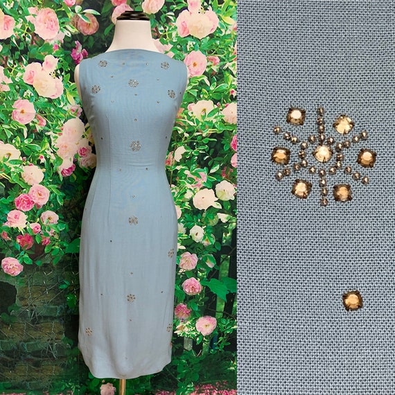 50s Jonathan Logan Blue Line Sheath Dress Rhinesto