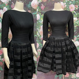 50s Black Velveteen Stripe Dress Fit and Flare