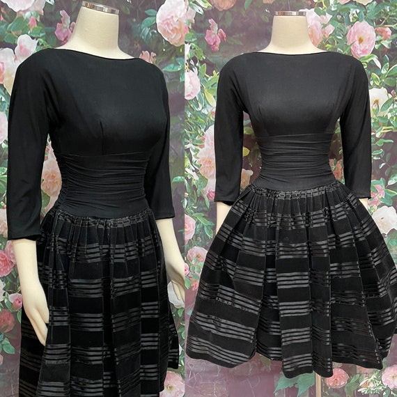 50s Black Velveteen Stripe Dress Fit and Flare - image 1