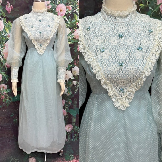70s Blue Swiss Dot Maxi Dress White Lace Victoria… - image 1