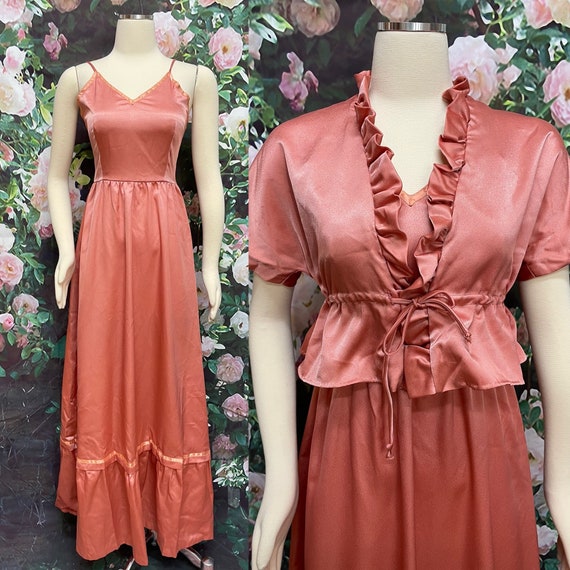 70s Rose Pink Satin Maxi Dress Ruffle Cropped Jac… - image 1