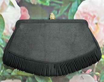 60s Magid Black Faille Pleated Clutch Purse Rhinestone Clasp