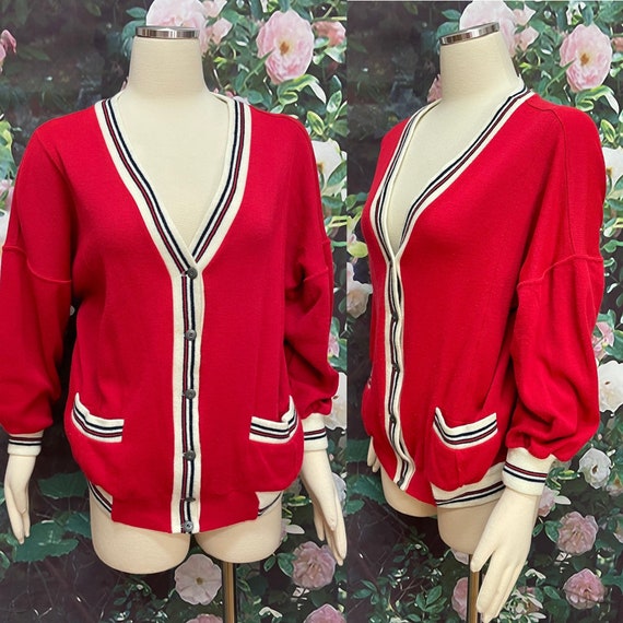 80s Eileen Red Button Down Cardigan Acrylic Large - image 1