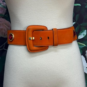 80s Vintage Escada Orange Leather Belt Jeweled