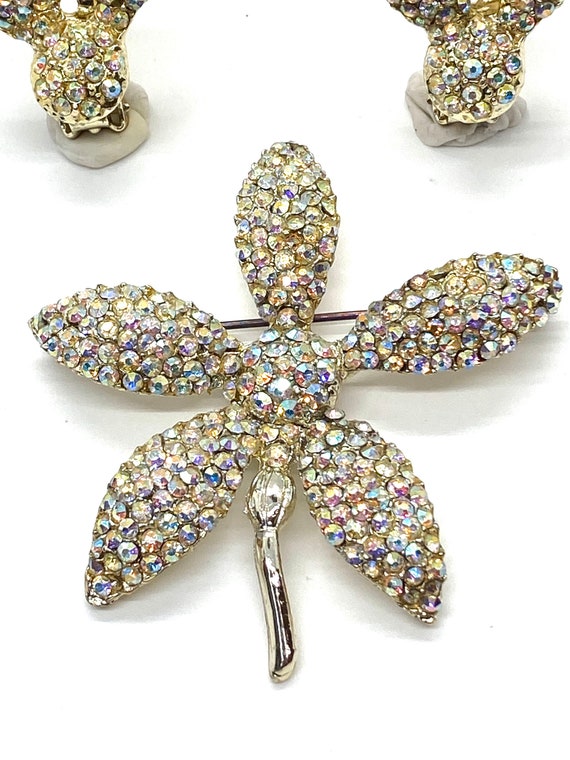 40s AB Pave Rhinestone Flower Brooch Earrings - image 7