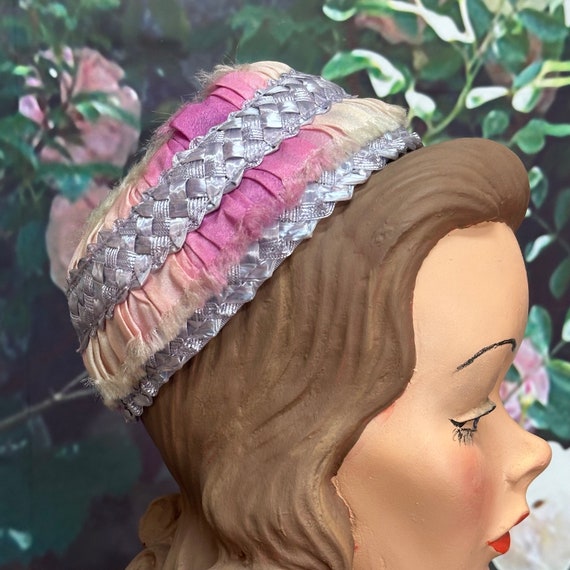 60s Pink Purple Ombre Pleated Beanie Hat - image 1