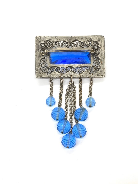 1950s Lovely Long BLUE Crystal glass bead dangle Vintage Brooch