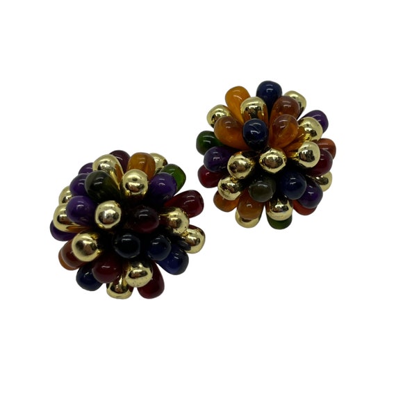 60s Purple Beaded Cluster Dome Clip On Earrings