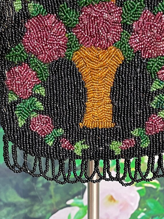 20s Black Beaded Flapper Purse Pink Flower Basket… - image 5