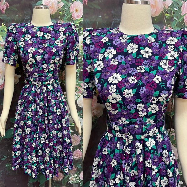 80s E.D Michaels Petites Purple Floral Secretary Dress