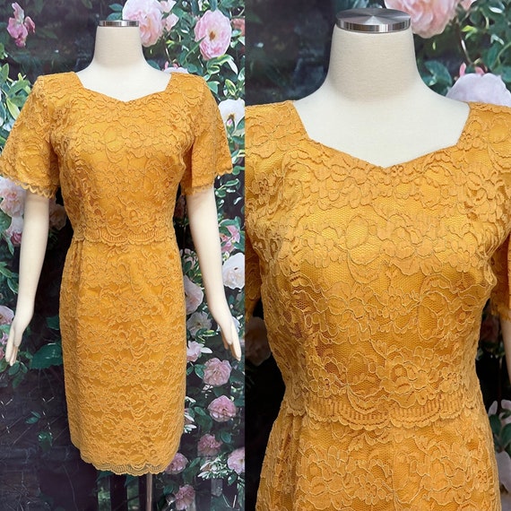 50s Golden Yellow Lace Wiggle Dress - image 1