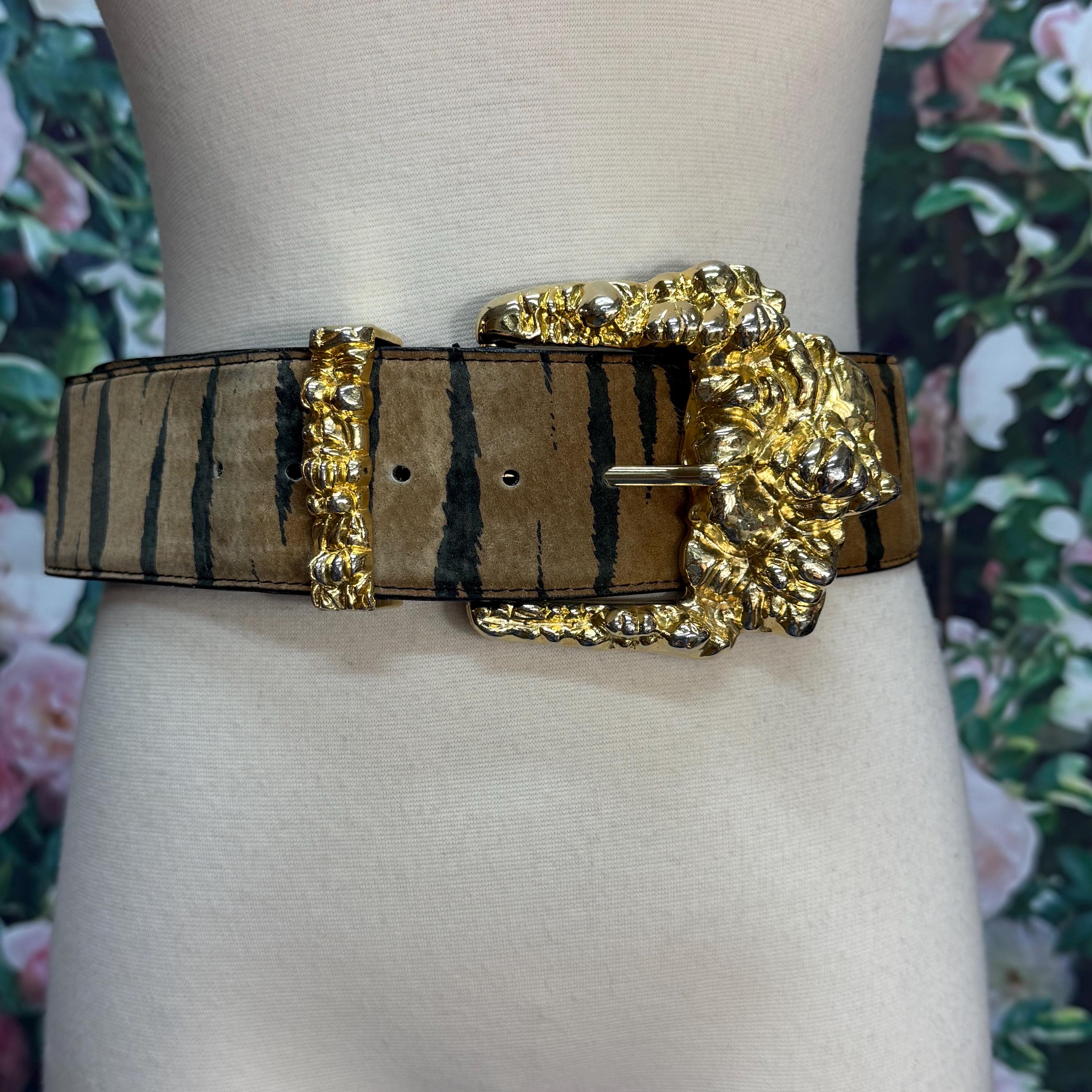 80s Julius Resnick Suede Belt Tiger Stripe Large Gold Buckle  display picture 1