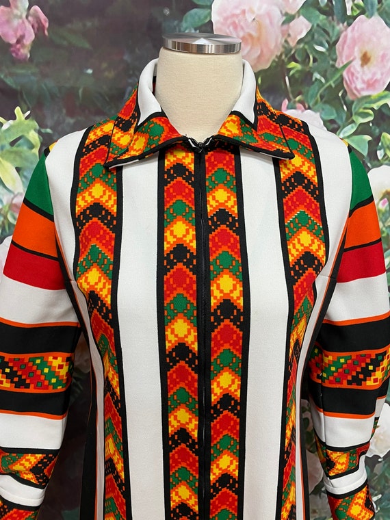70s Jon McCauley Mod Zip Front Dress Ethnic Print - image 3