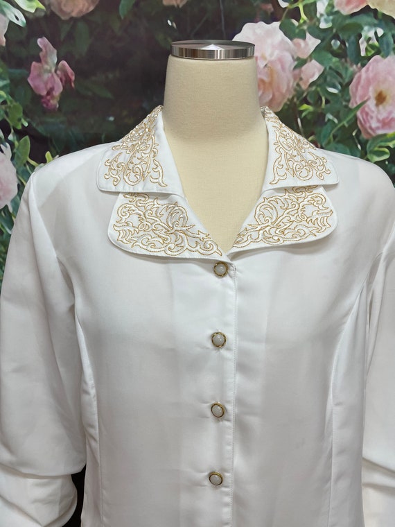 80s Perlita White Poly Shirt Gold Embroidery XL - image 3