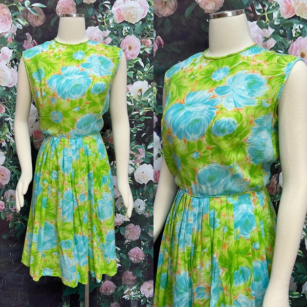 60s Fritzi California Green Blue Floral Dress Fit Flare Large