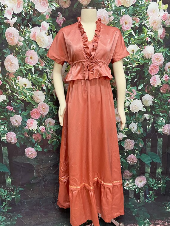 70s Rose Pink Satin Maxi Dress Ruffle Cropped Jac… - image 2