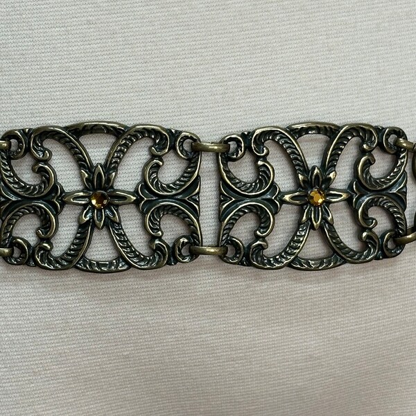 90s Fossil Bronze Floral Panel Belt Gold Rhinestones