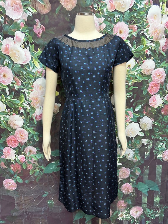 50s Blue Floral Silk Dress Illusion Neck Mid Century - Etsy