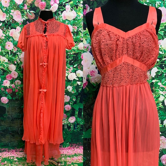 60s Seamprufe Coral Chiffon Peignoir Nightgown Set
