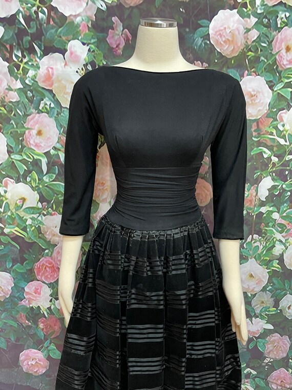 50s Black Velveteen Stripe Dress Fit and Flare - image 4