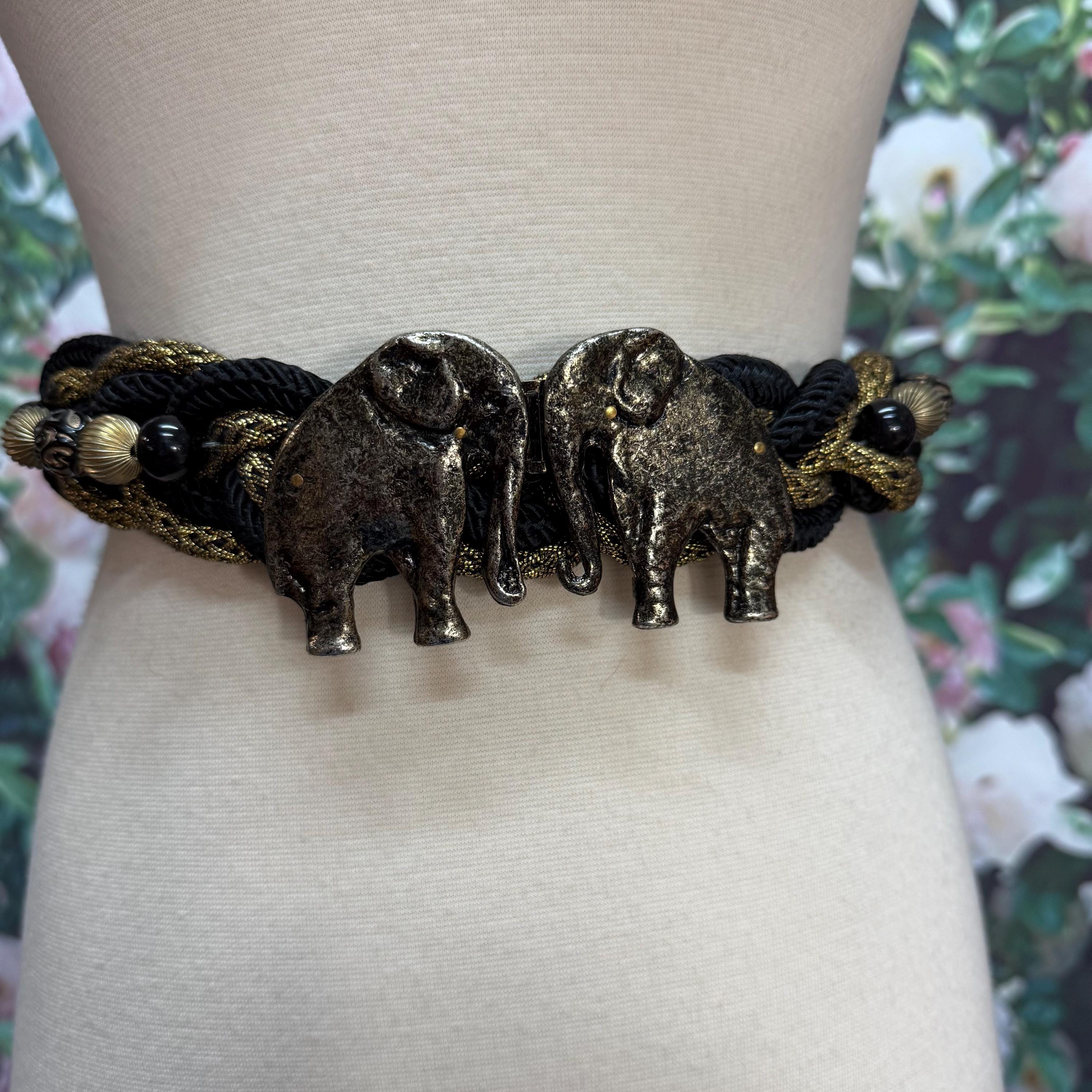 Vintage Ni 95 Elephant belt buckle gold tone black enamel rhinestone rare Chunky HERMES ELEPHANTS Vintage 1990 main image 4