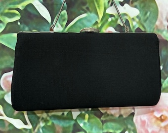 60s Black Fabric Evening Purse Rhinestone Clasp Clutch