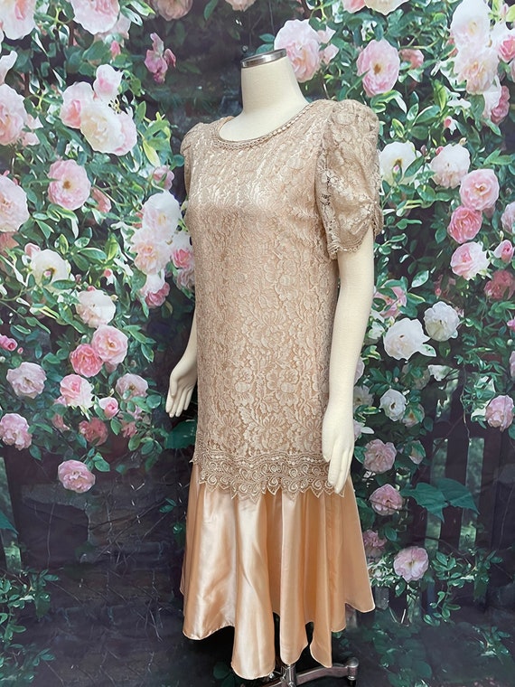 80s Pantagis Peach Lace Satin Formal Dress - image 4
