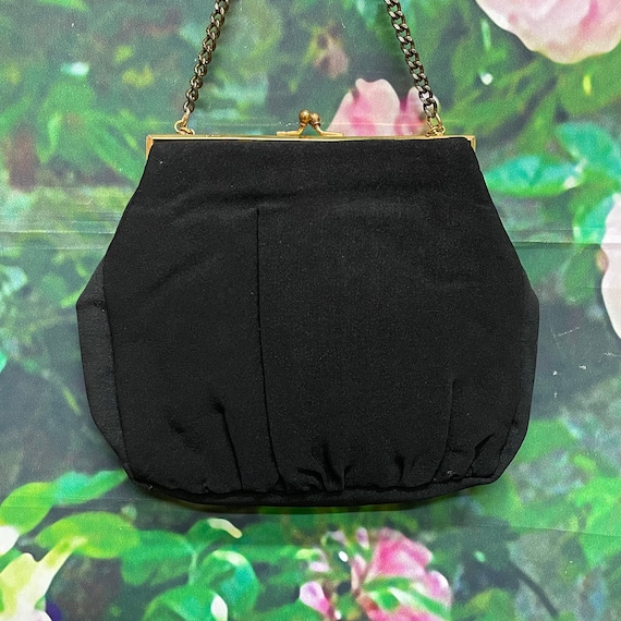 60s Black Faille Fabric Purse Kisslock Matching C… - image 1