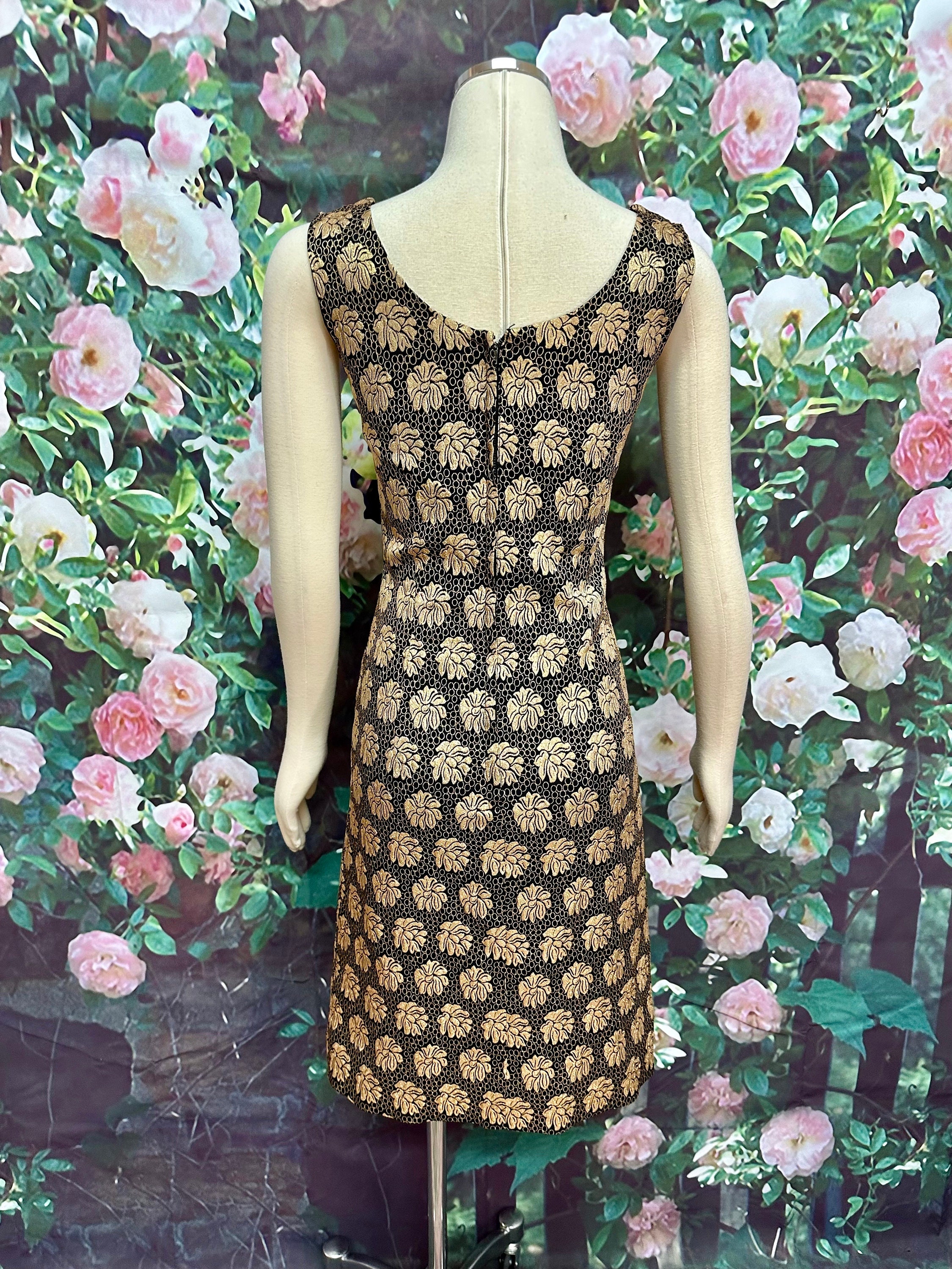 ワンピース 19th Roshester Museum Antique Dress 60s R&K Gold Lurex Brocade Sheath Dress Metallic Flowers