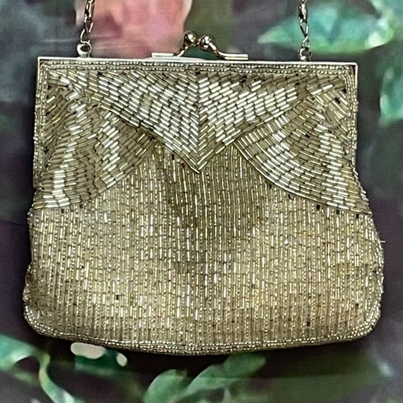 80s Magid Silver Bead Shell Purse Handbag Wedding… - image 1