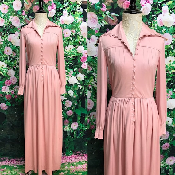 70s Teal Traina Pink Maxi Dress Polyester Button F