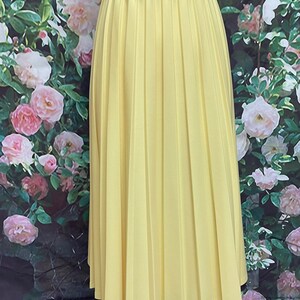 May include: A pale yellow pleated skirt. The skirt is knee-length and has a simple, classic design.