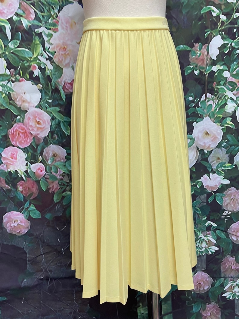 May include: A pale yellow pleated skirt. The skirt is knee-length and has a simple, classic design.