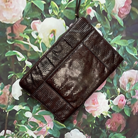 80s Ronora Burgundy Leather Clutch Snake Skin Pur… - image 2