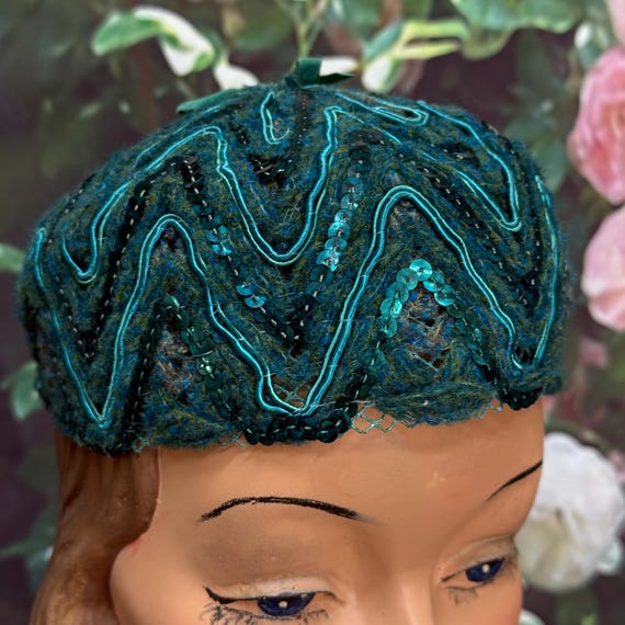 60s Turquoise Wool Sequin Pillbox Hat - Etsy display picture 1