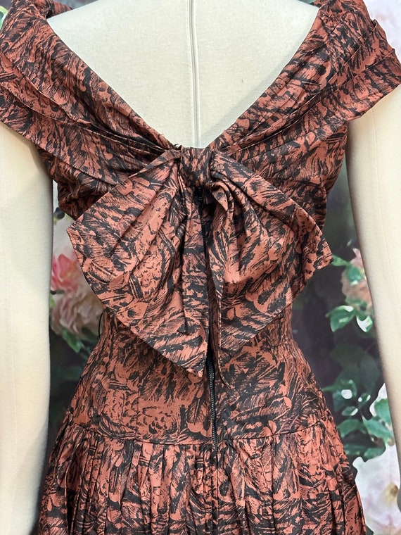 50’s Brown Patterned Taffeta Dress Cowl Neck Back… - image 9