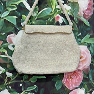 60s Off White Micro Bead Handbag Flip Top Frame Hong Kong
