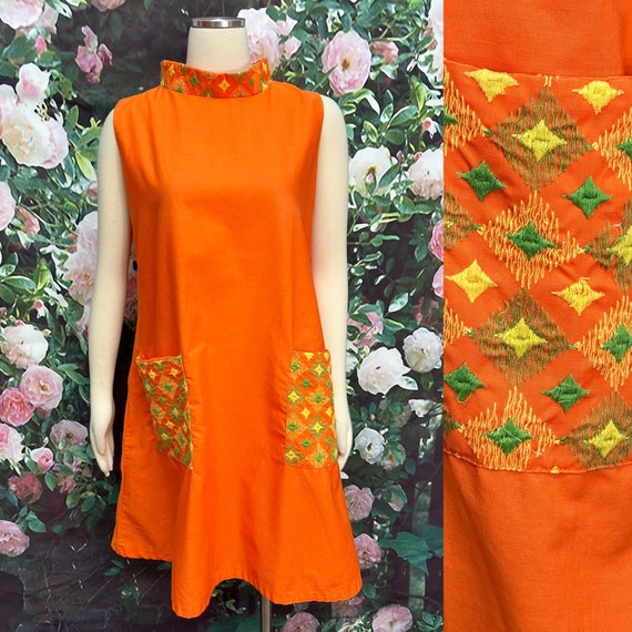 60s Carol Brent Orange Embroidered Swing Dress - image 1