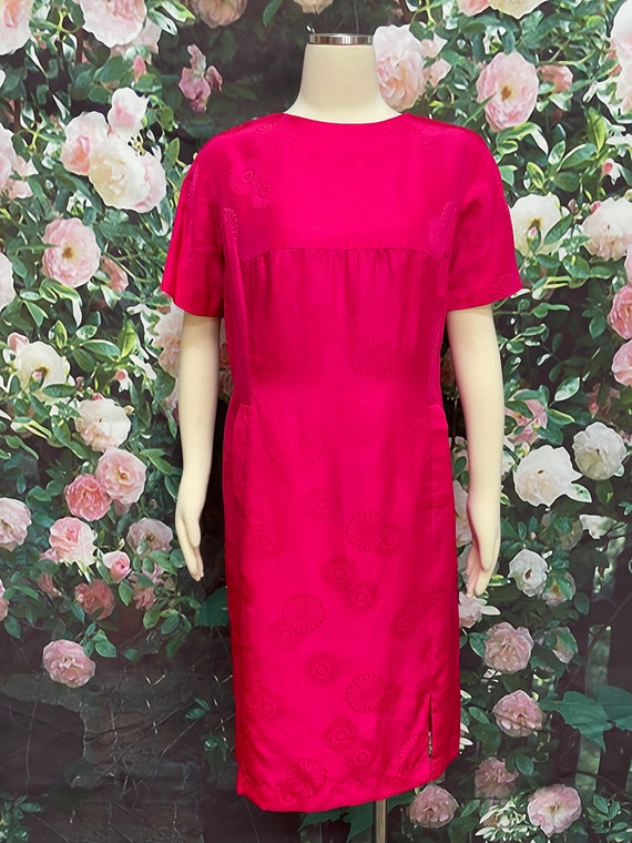 60s Hot Pink Floral Silk Shift Dress Hong Kong - image 2