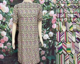 40s Silk Geometric Patterned Dress Pleated Collar