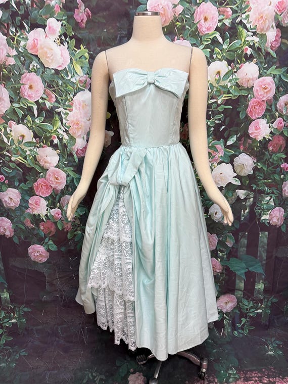 80s Ice Blue Taffeta Strapless Dress Lace Pickups Saks Fifth Avenue
