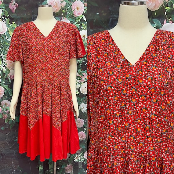 Vintage Red Calico Square Dance Dress Plus Size