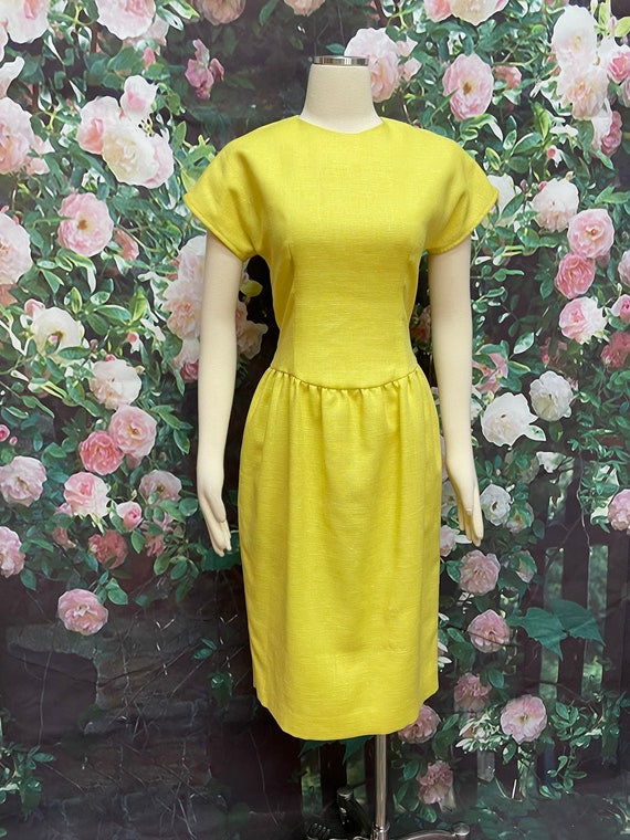 70s Lemon Yellow Faux Linen Dress Dropped Waist - image 2